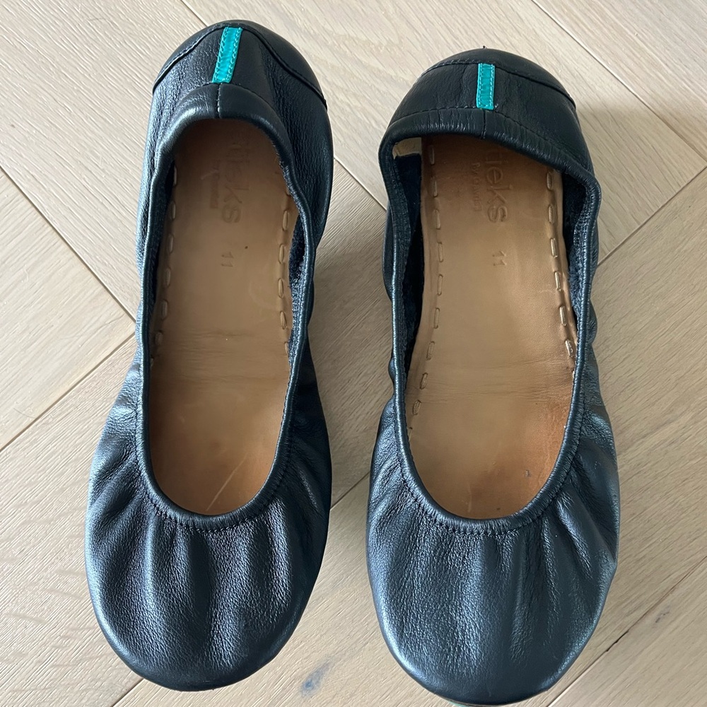 TIEKS Flats Comfort Shoes Ballet Foldable Packable Slip Ons Black Leather Sz 11